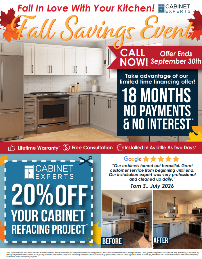 Cabinet Experts Fall Savings Event promotion offering 18 months no payments and no interest financing, 20% off cabinet refacing projects, lifetime warranty, free consultation, and fast installation, with before and after kitchen renovation photos and customer review